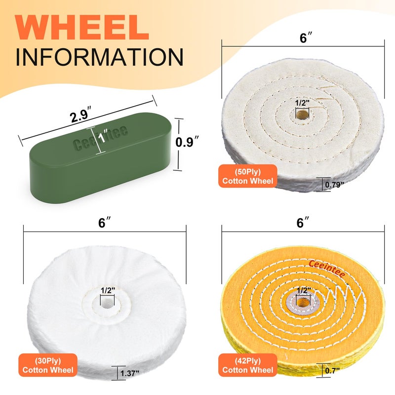 Ceeintee 8 Pack 6 Inch Polishing Wheel for Bench Grinder, Include 1/2" Arbor Hole 2 Yellow Cotton(42Ply), 2 White Cotton Polish Wheels(50Ply), 1 Soft Flannel Buffing Wheel(30Ply)& 3 Polishing Compound - Image 2